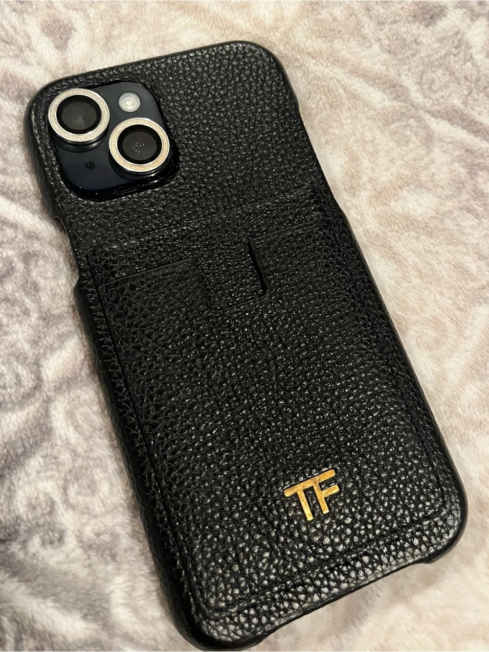 Tom Ford Black Pebbled Leather Card Pocket iPhone Case with Gold TF Logo